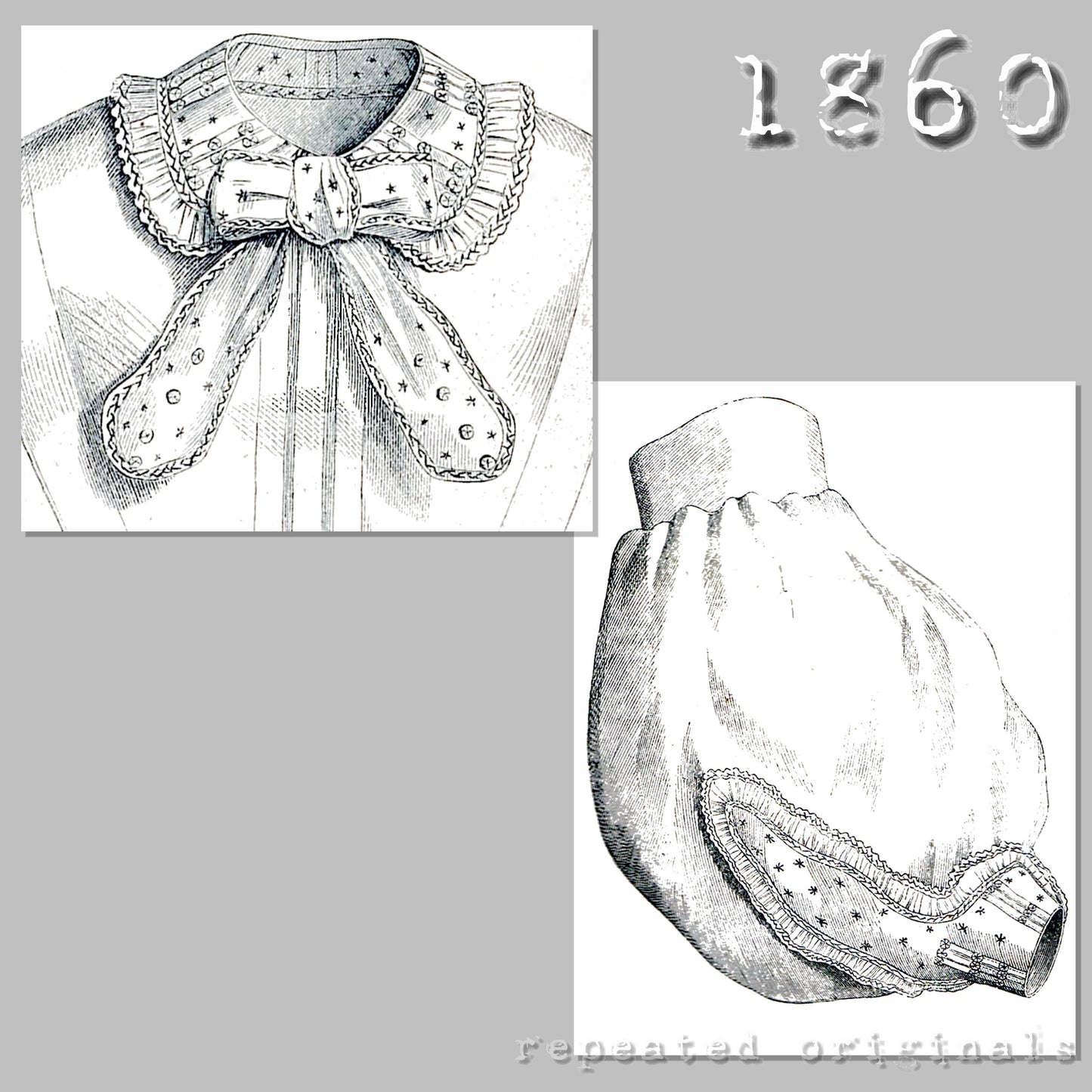 1860 Embroidered Collar with Bow and Balloon Sleeves with Cuff - INSTANT DOWNLOAD PDF