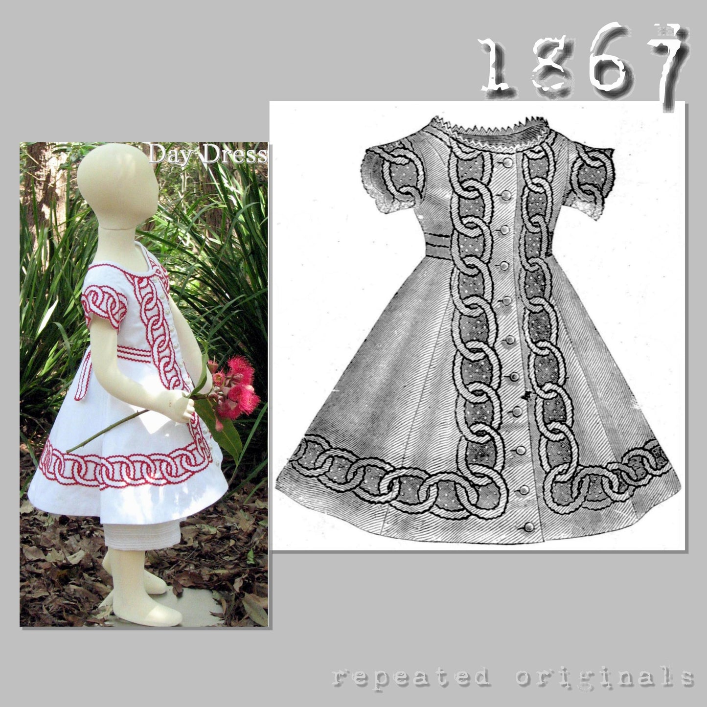 1867 Day Dress for a girl of 4 to 6 years Sewing Pattern - INSTANT DOWNLOAD PDF