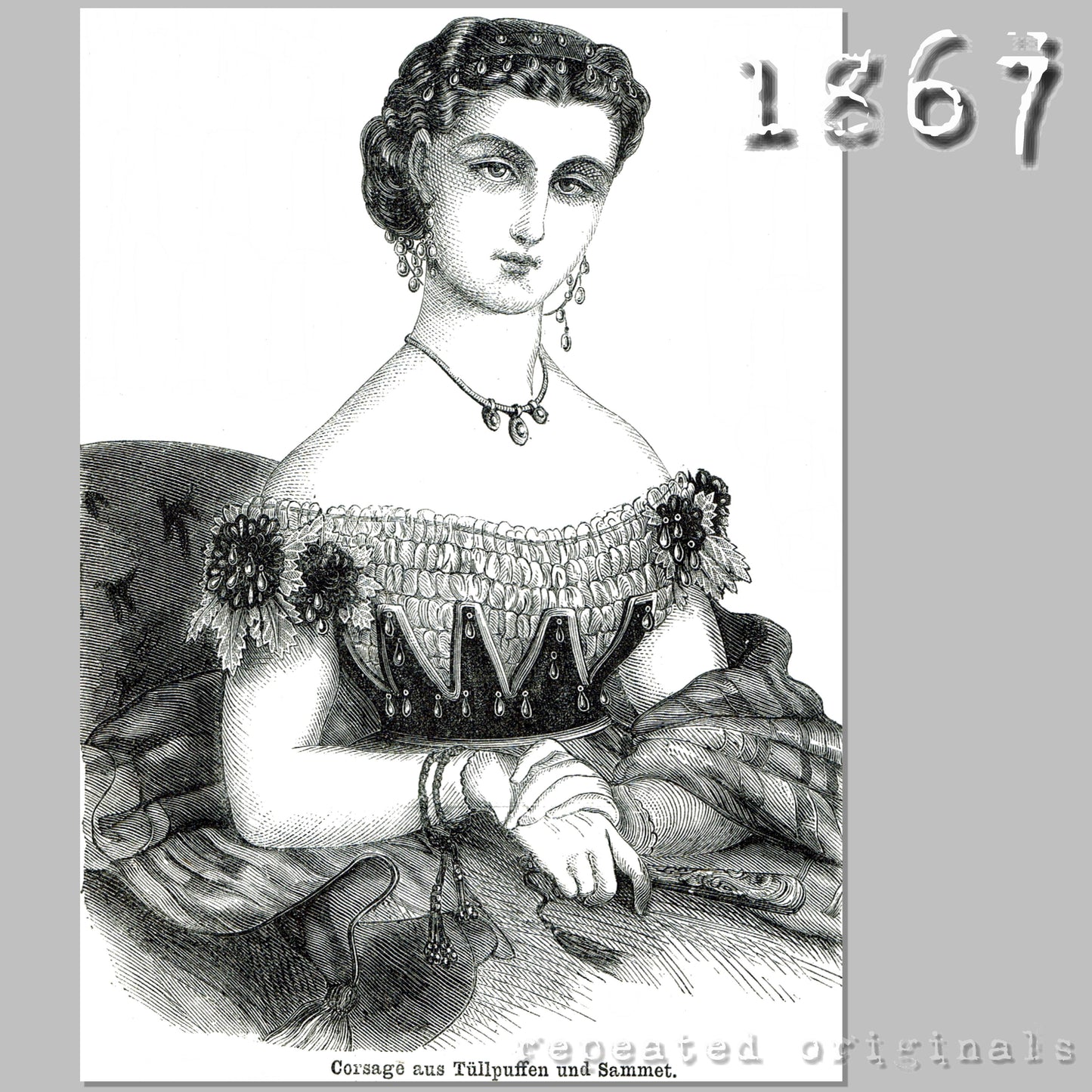 1867 Bodice with tulle puffs and velvet Sewing Pattern - INSTANT DOWNLOAD PDF
