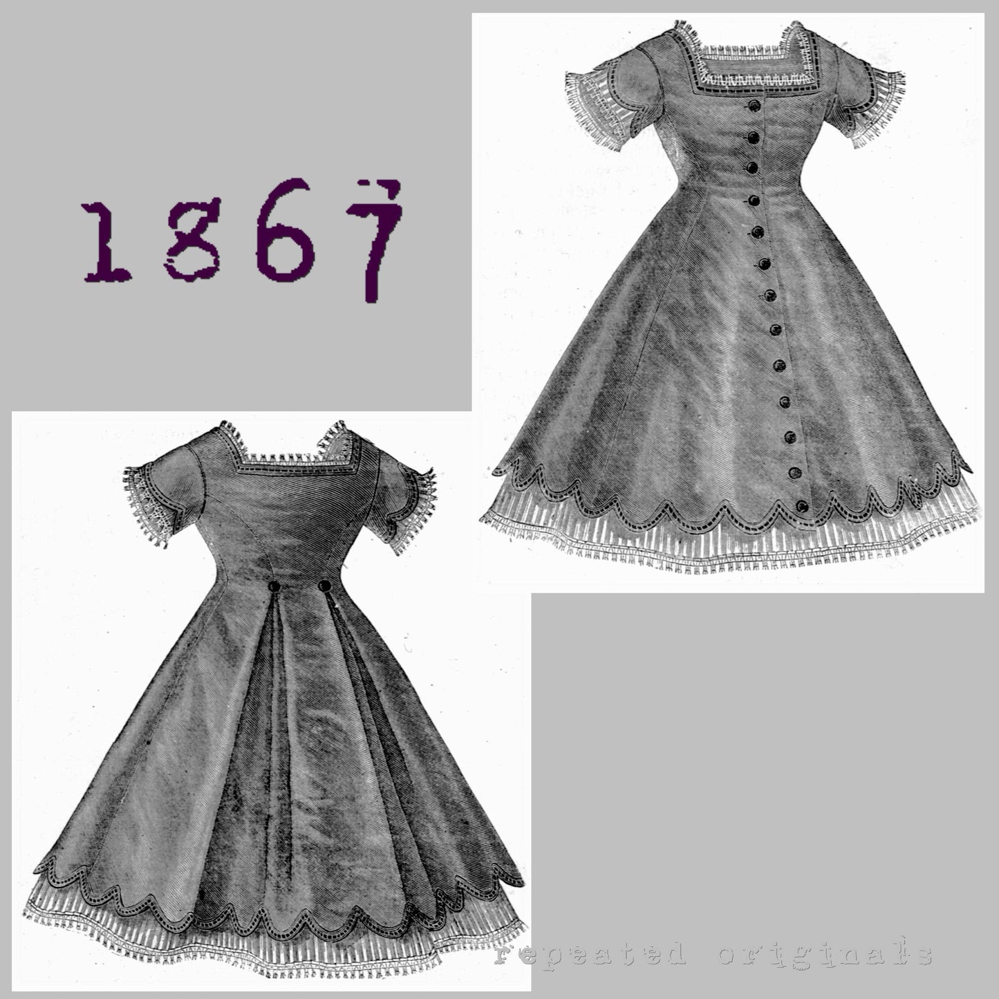 1867 Day Dress for a girl 8 to 10 years Sewing Pattern - INSTANT DOWNLOAD PDF