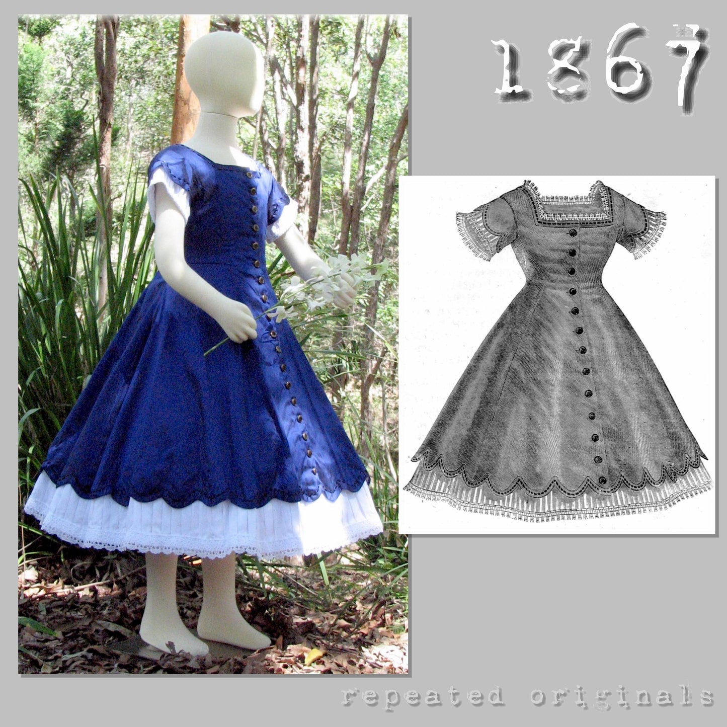 1867 Day Dress for a girl 8 to 10 years Sewing Pattern - INSTANT DOWNLOAD PDF