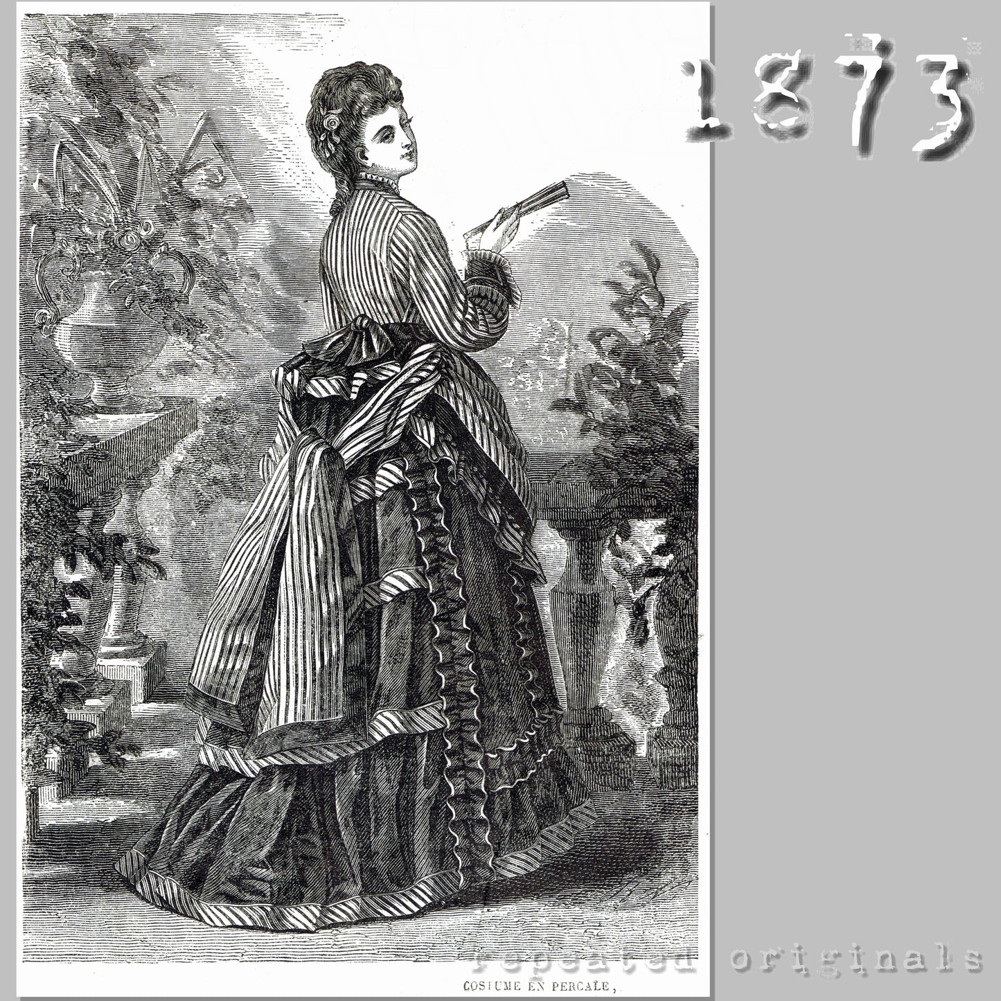 1873 Dress of Striped and Plain Fabric Sewing Pattern - INSTANT DOWNLOAD PDF