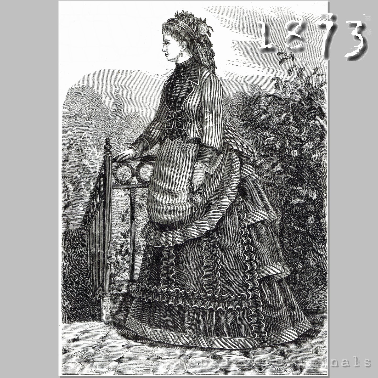 1873 Dress of Striped and Plain Fabric Sewing Pattern - INSTANT DOWNLOAD PDF