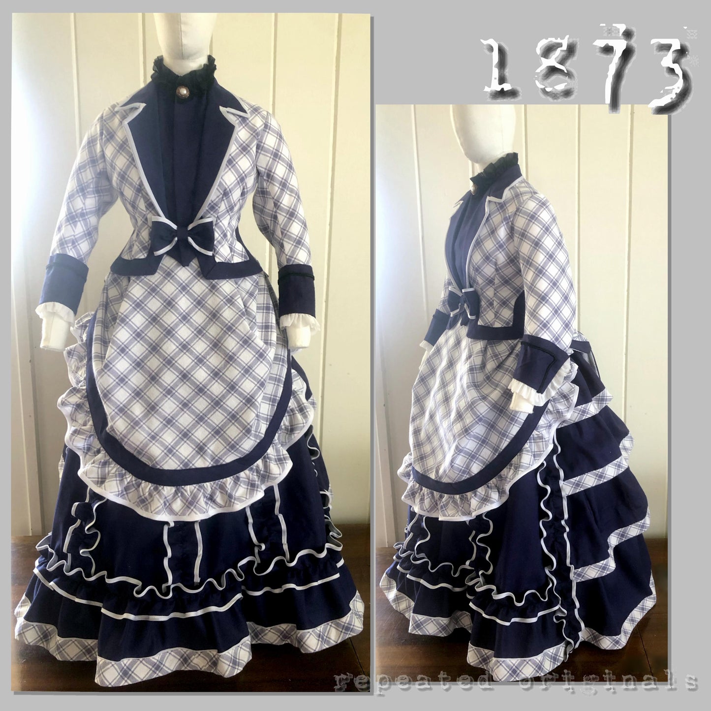 1873 Dress of Striped and Plain Fabric Sewing Pattern - INSTANT DOWNLOAD PDF