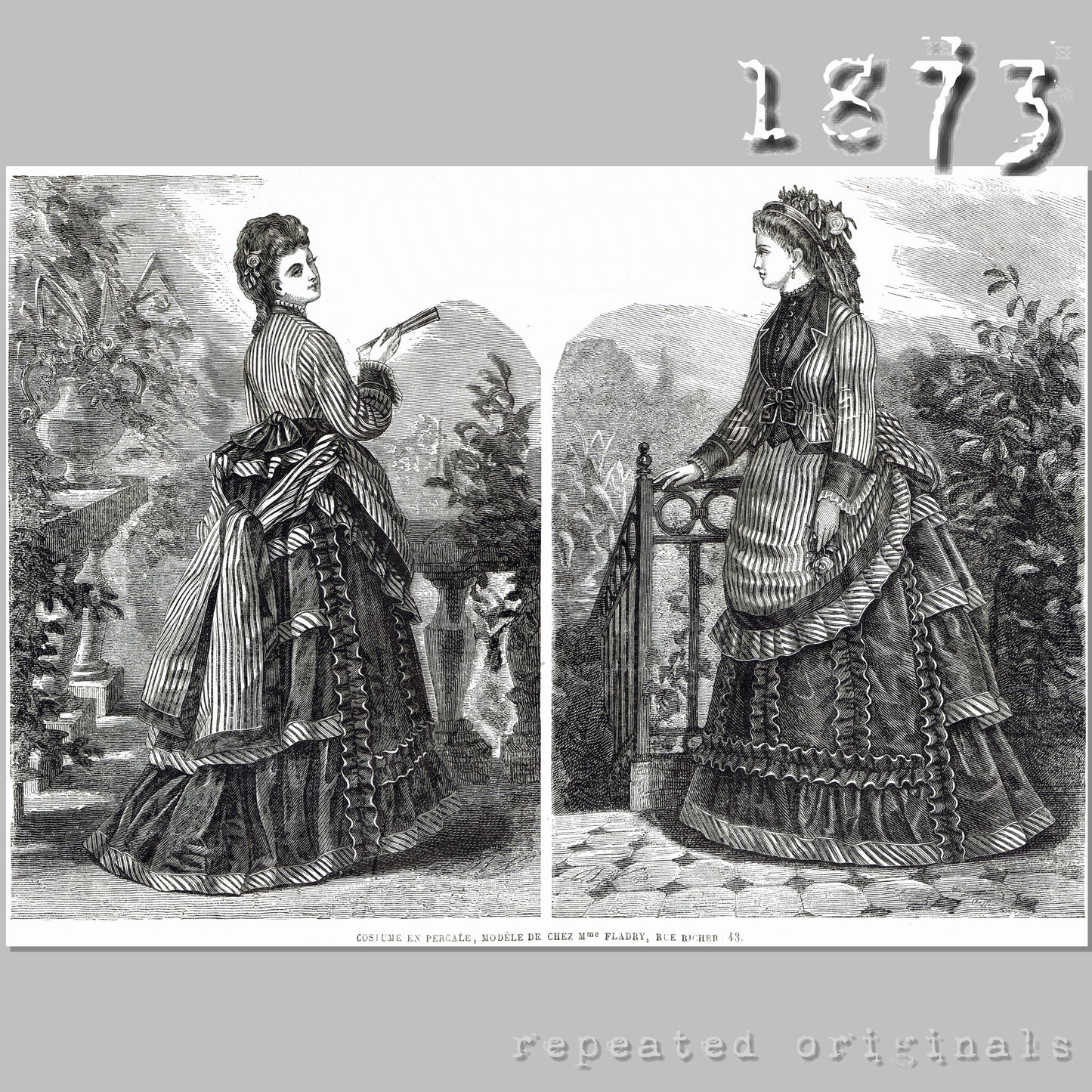 1873 Dress of Striped and Plain Fabric Sewing Pattern - INSTANT DOWNLOAD PDF