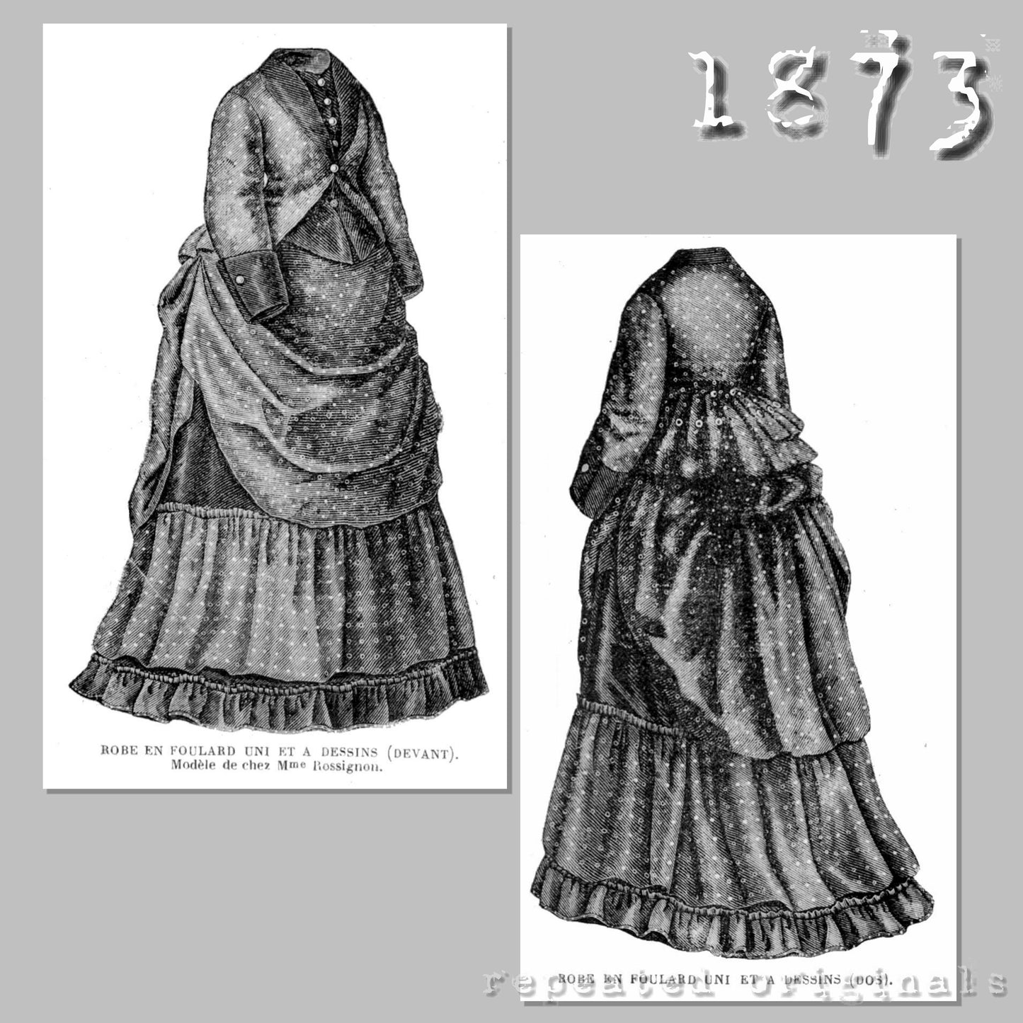 1873 Dress of Plain and Patterned Fabric Sewing Pattern - INSTANT DOWNLOAD PDF