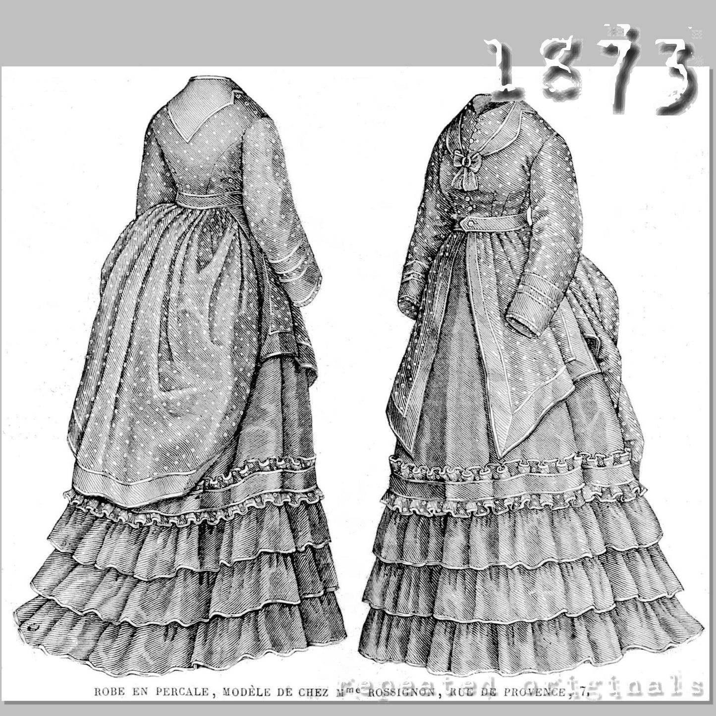 1873 Dress of Plain and Patterned Percale Sewing Pattern - INSTANT DOWNLOAD PDF