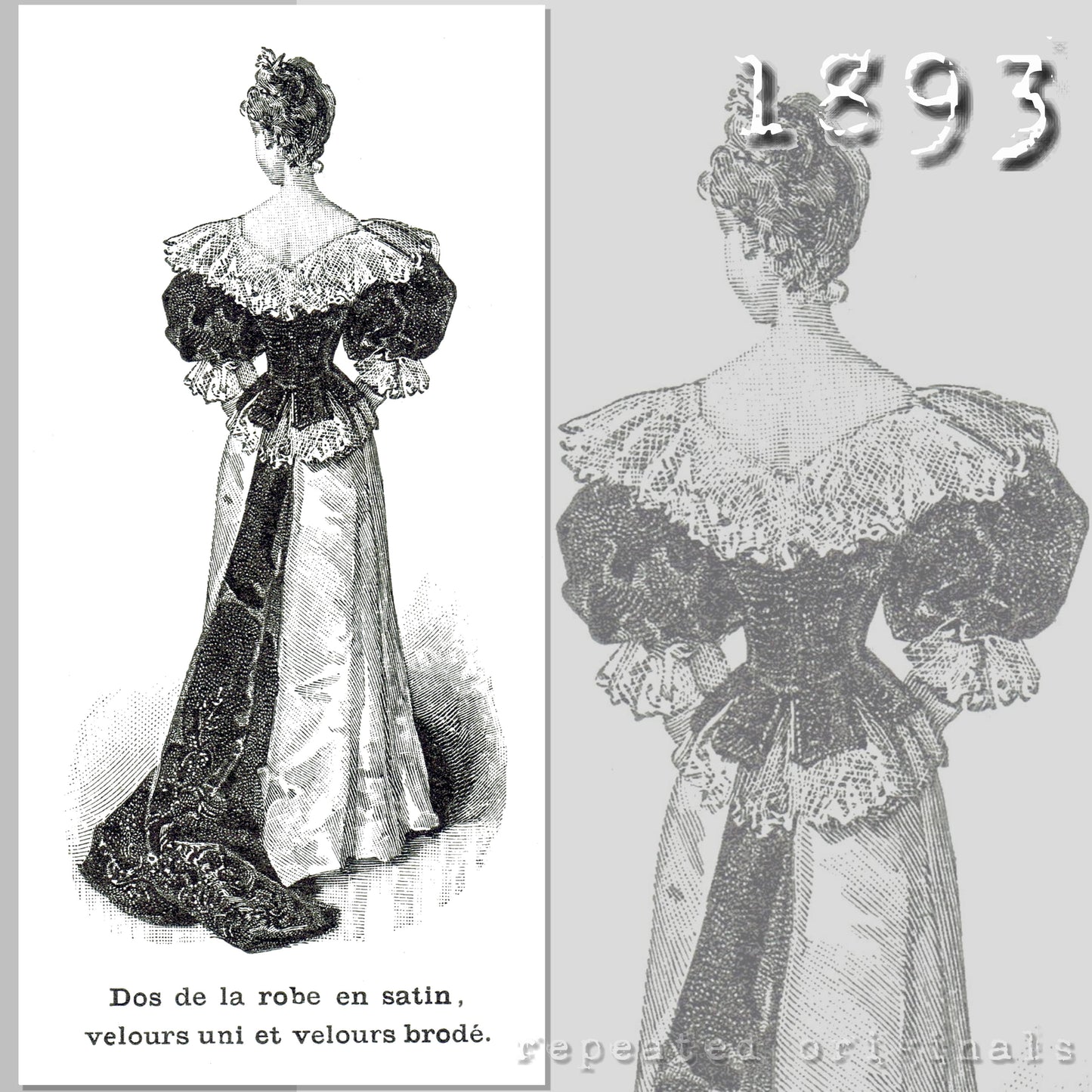 1893 Satin and Embroidered Velvet Ball Gown Sewing Pattern - INSTANT DOWNLOAD PDF