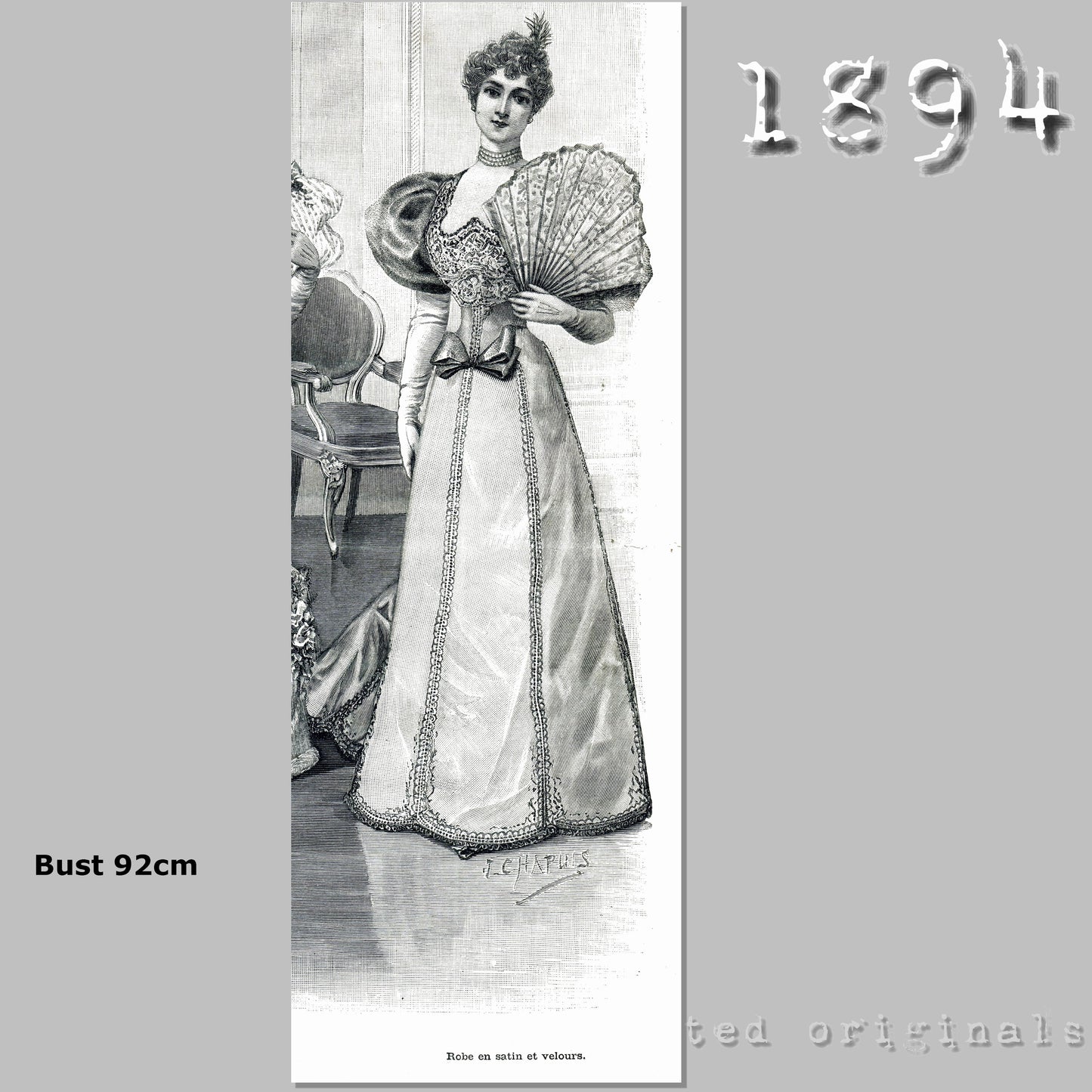 1894 Satin and Velvet Evening Dress Sewing Pattern - INSTANT DOWNLOAD PDF
