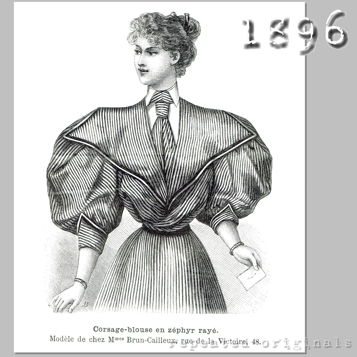 1896 Striped Blouse Dress with Collared Bib Sewing Pattern - INSTANT DOWNLOAD PDF