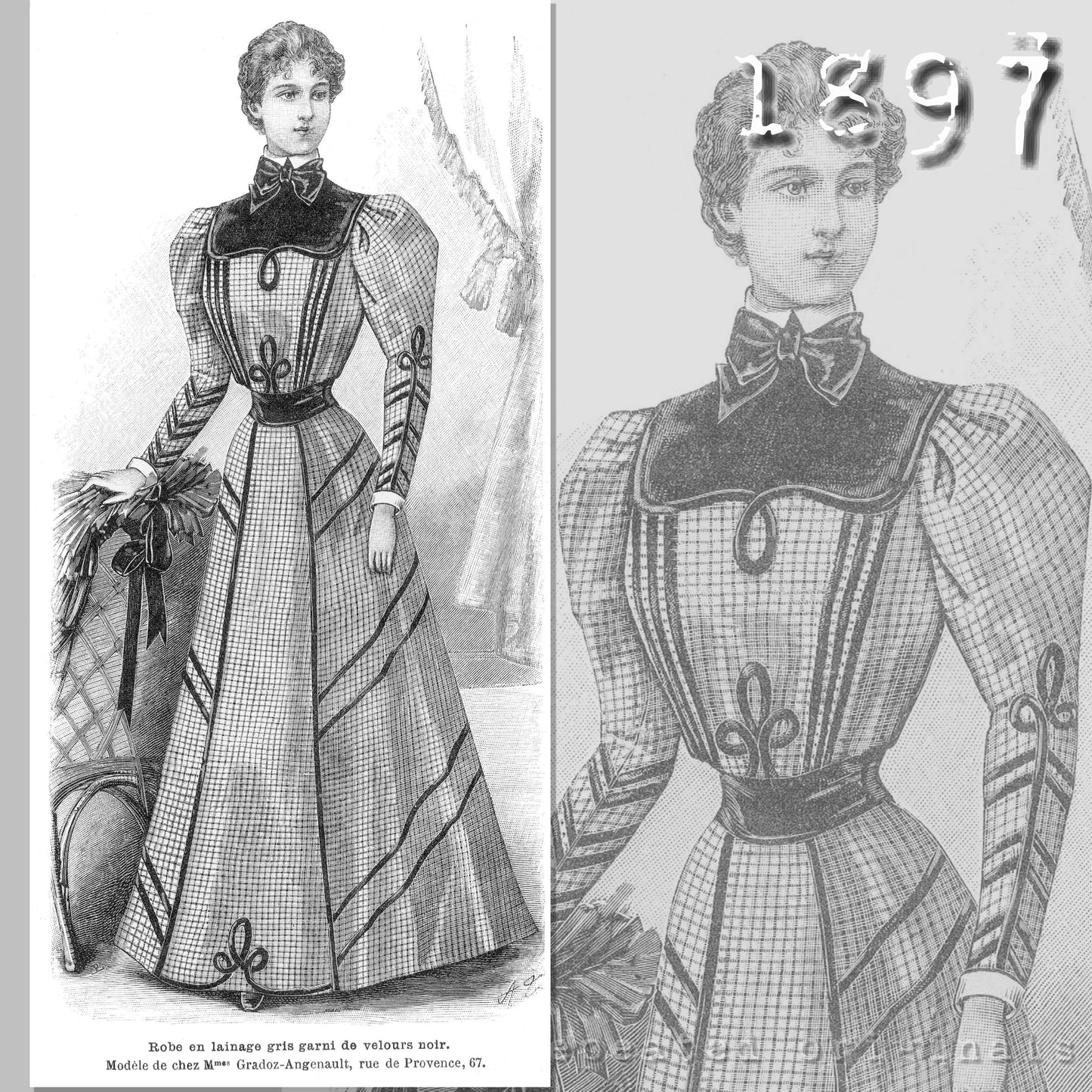 1897 Dress with Velvet Trim Sewing Pattern - INSTANT DOWNLOAD PDF
