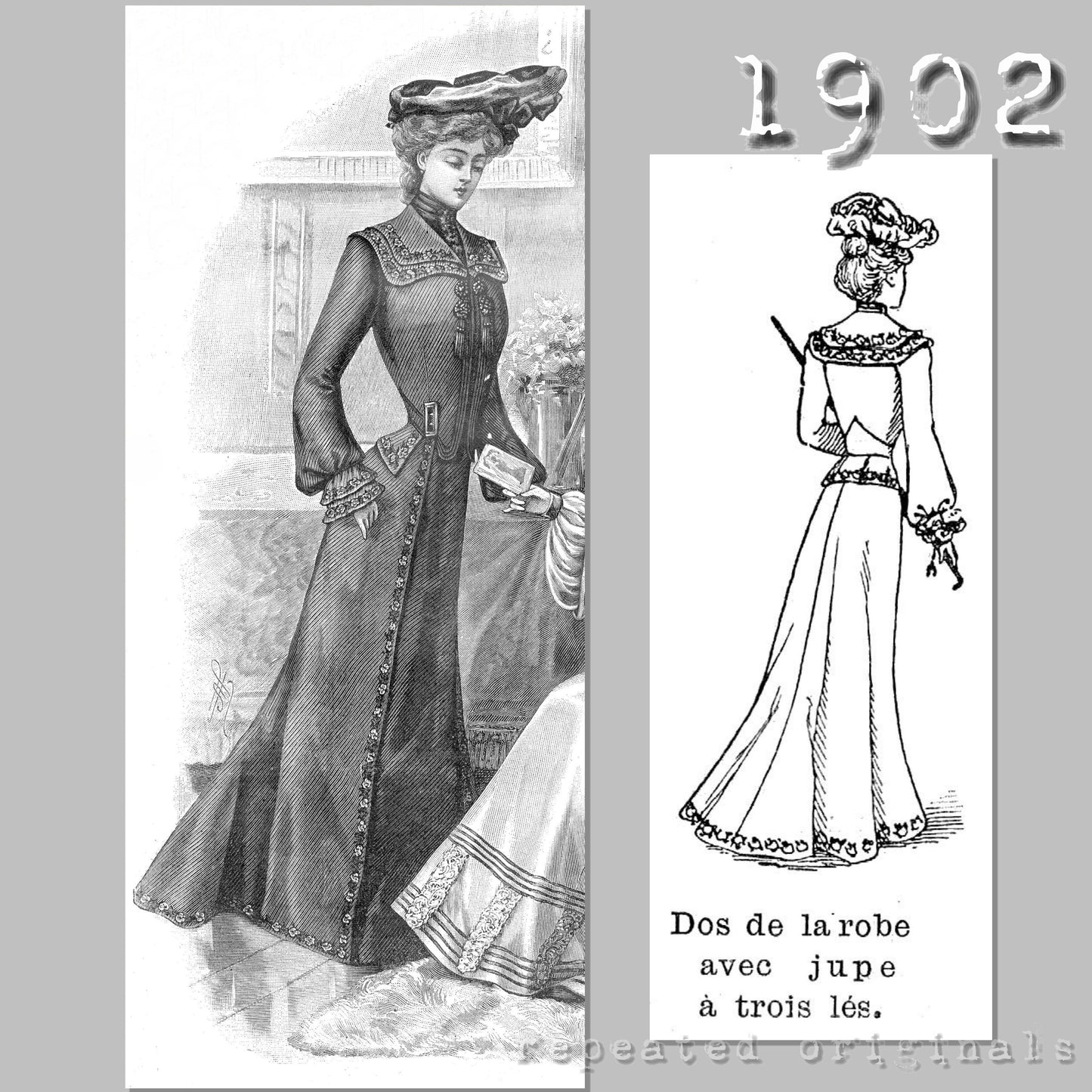 1902 Dress with Three Panel Skirt Sewing Pattern - INSTANT DOWNLOAD PDF