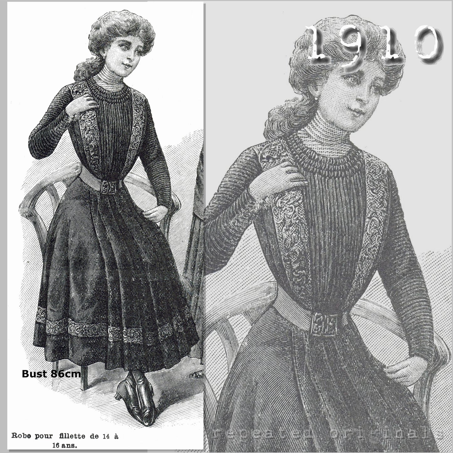 1910 Dress for Girl 14 - 16 Years (86cm Bust) Sewing Pattern - INSTANT DOWNLOAD PDF