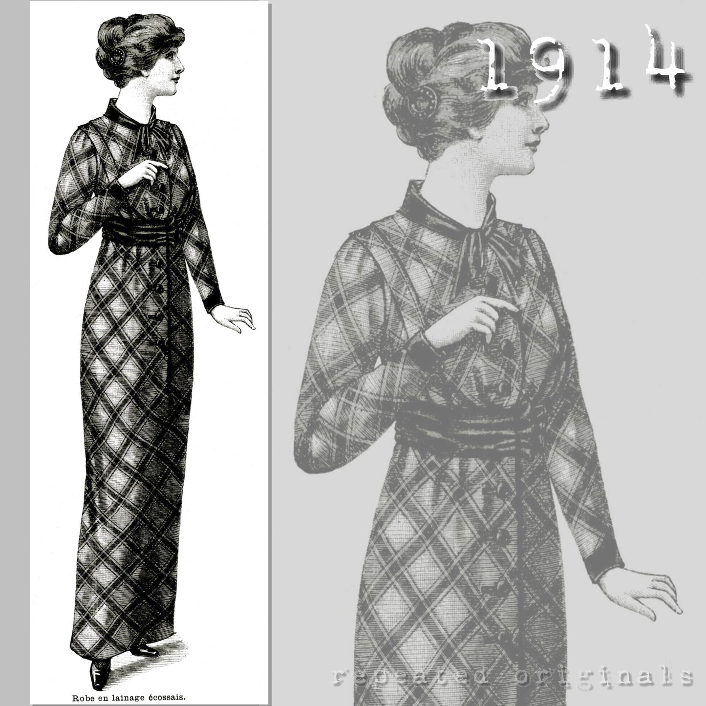1914 Tartan Wool Dress Sewing Pattern - INSTANT DOWNLOAD PDF