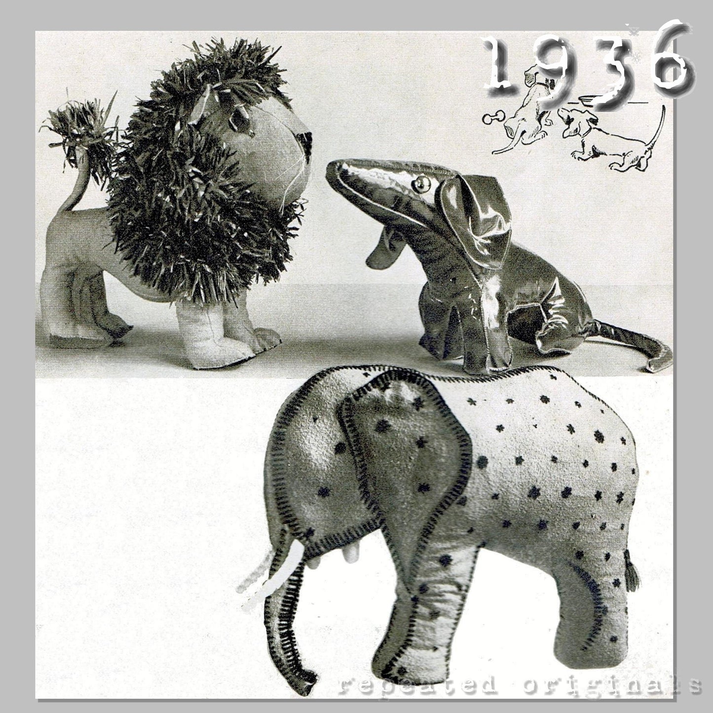 1936 Soft Toys Sewing Pattern (Lion, Dachshund, Elephant) - INSTANT DOWNLOAD PDF