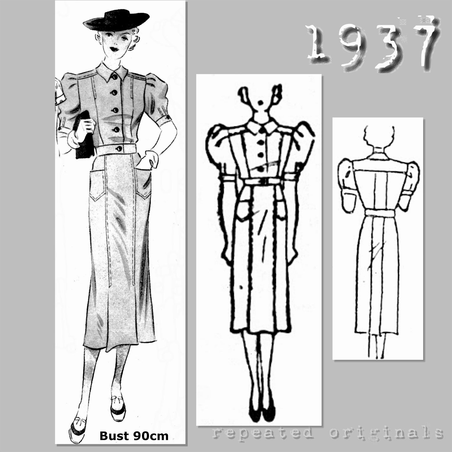 1937 Sporty Dress Sewing Pattern (Bust 90cm) - INSTANT DOWNLOAD PDF