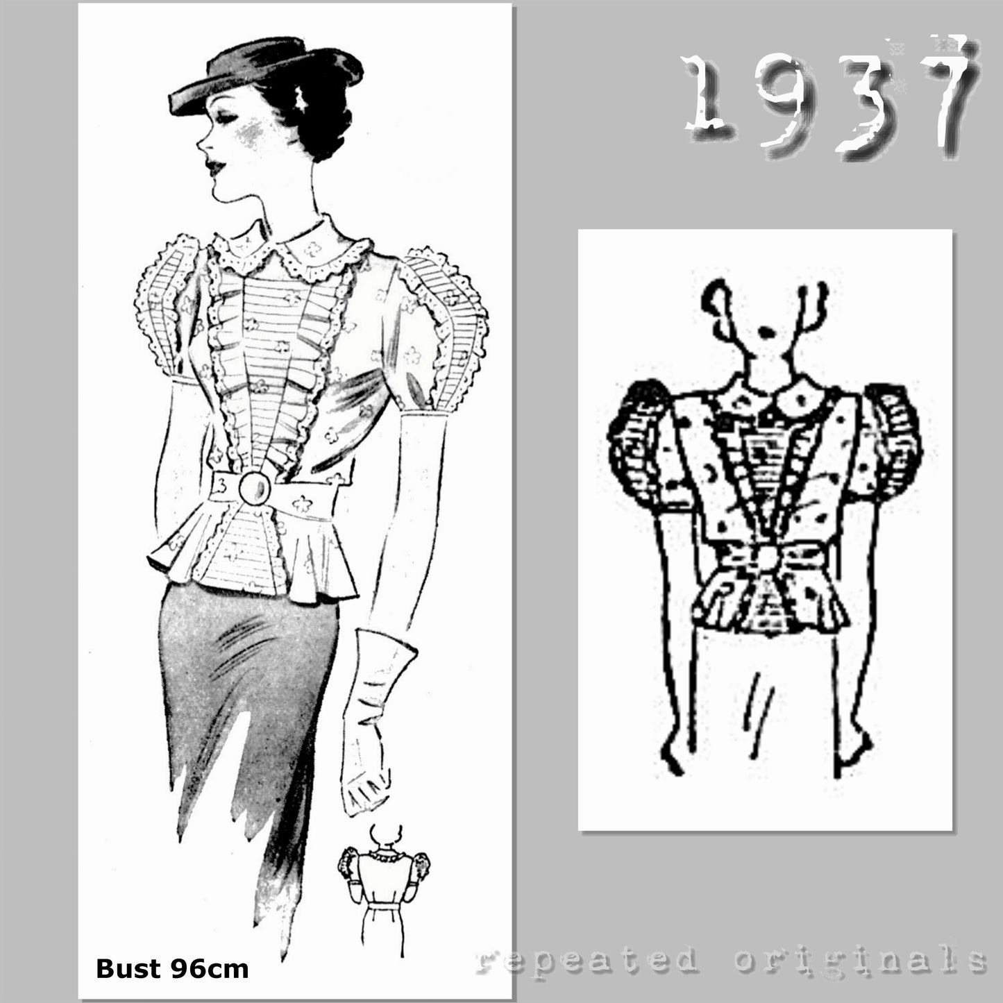 1937 Organdy Summer Blouse Sewing Pattern (Bust 96cm) - INSTANT DOWNLOAD PDF