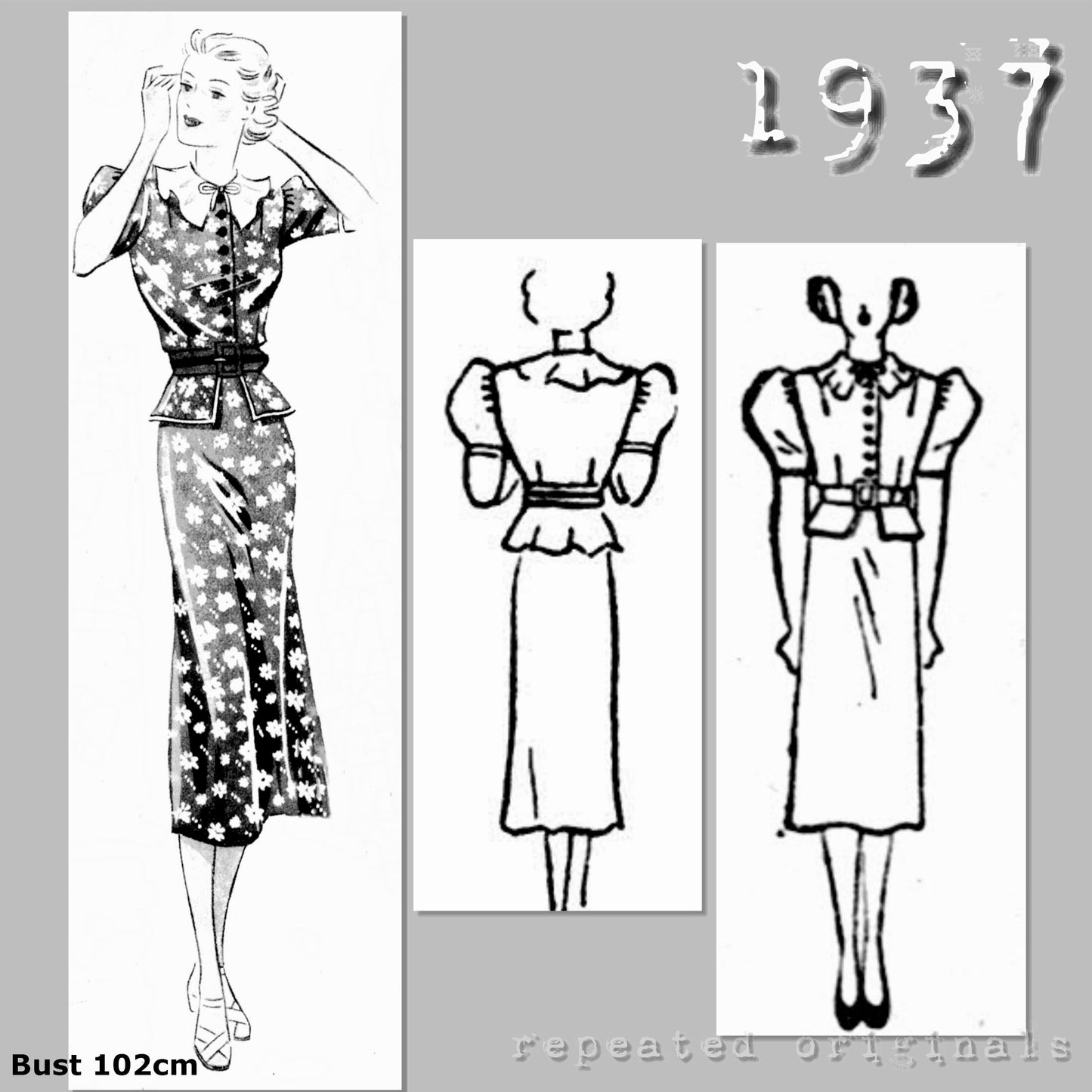 1937 Simple Summer Peplum Dress Sewing Pattern (Bust 102cm) - INSTANT DOWNLOAD PDF