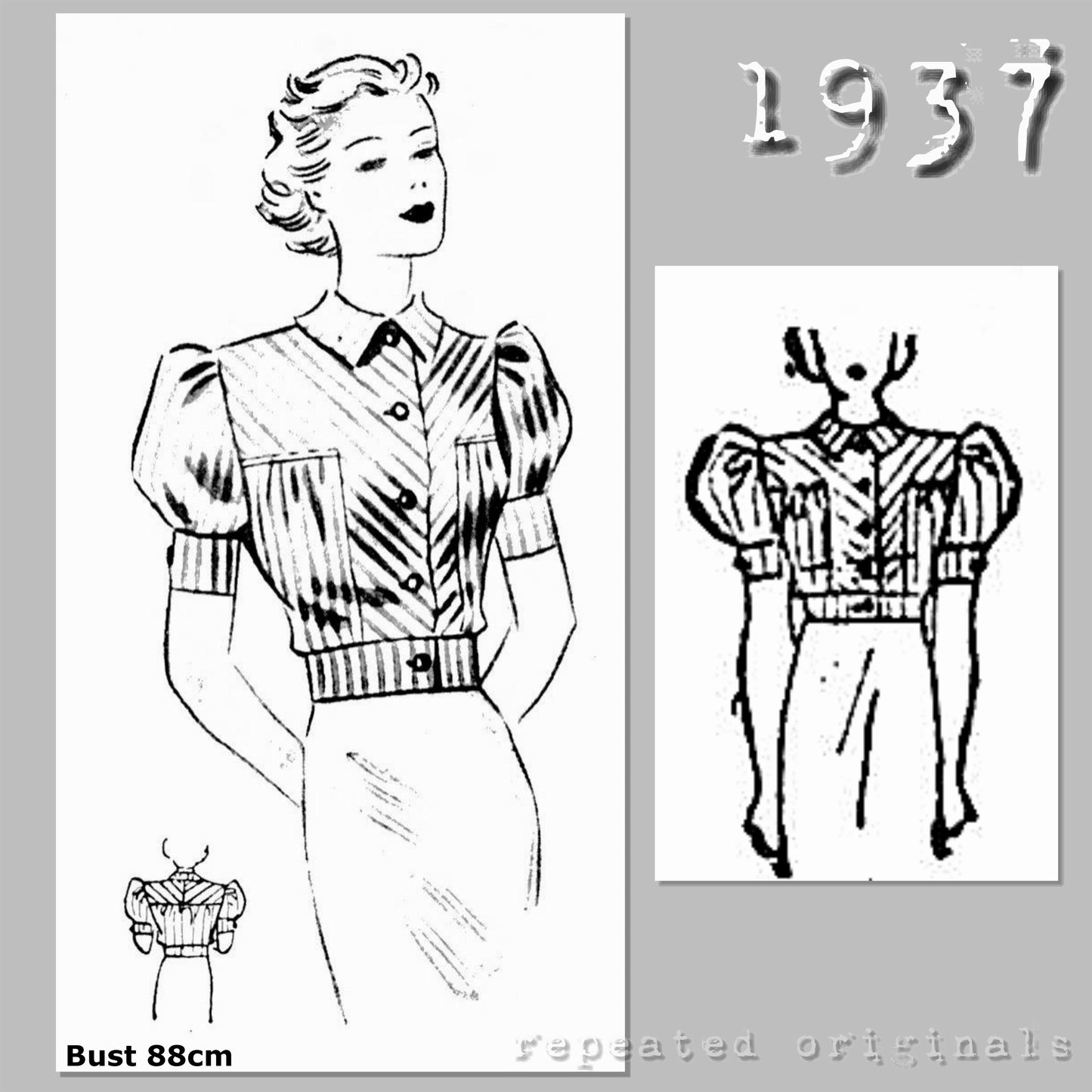 1937 Striped Summer Blouse Sewing Pattern (88cm Bust) - INSTANT DOWNLOAD PDF