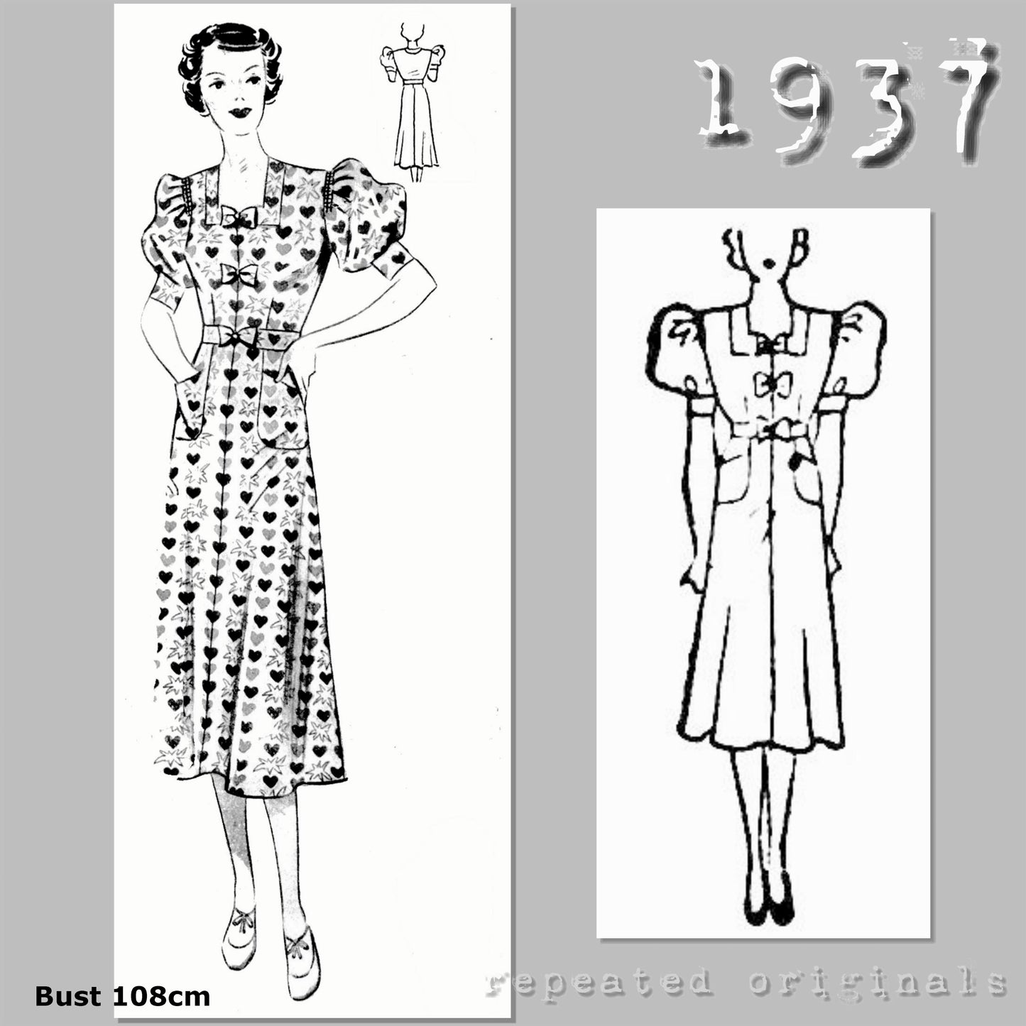 1937 Summer Dress Sewing Pattern (Bust 108cm)- INSTANT DOWNLOAD PDF
