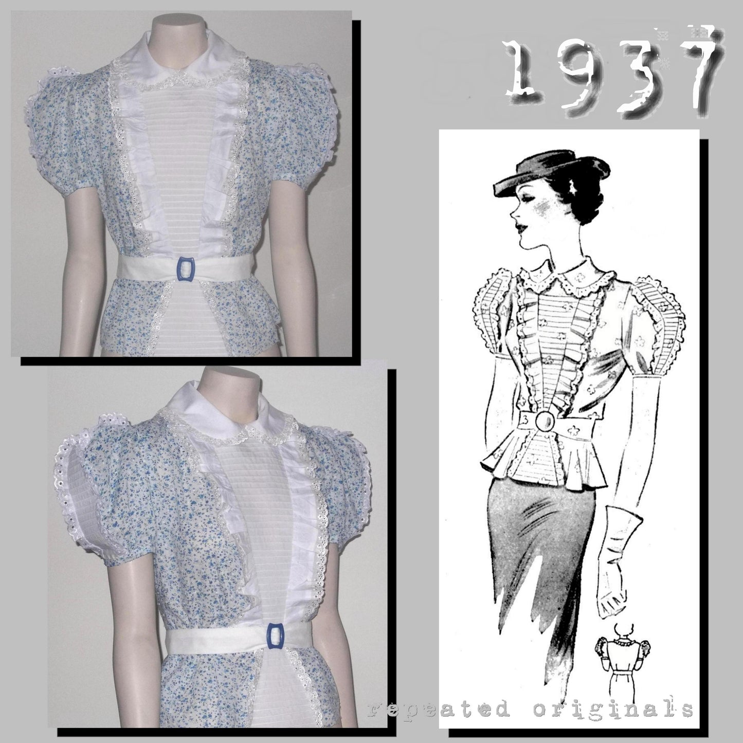 1937 Organdy Summer Blouse Sewing Pattern (Bust 96cm) - INSTANT DOWNLOAD PDF