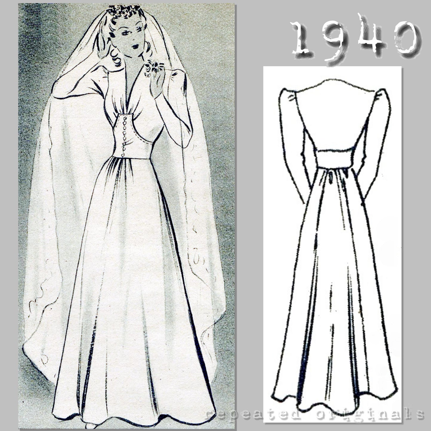 1940 Wedding or Elegant Dress Sewing Pattern - INSTANT DOWNLOAD PDF