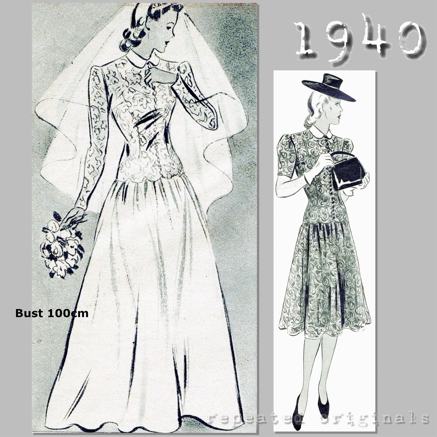 1940 Wedding or Afternoon Dress Sewing Pattern - INSTANT DOWNLOAD PDF