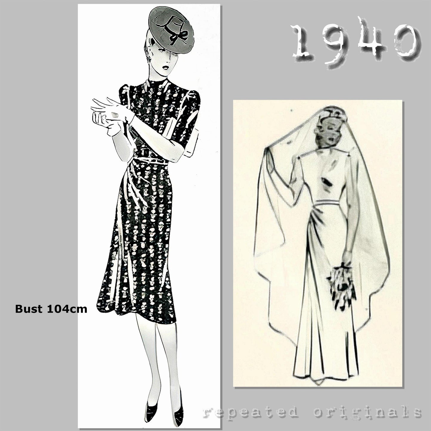 1940 Wedding or Afternoon Dress Sewing Pattern - INSTANT DOWNLOAD PDF