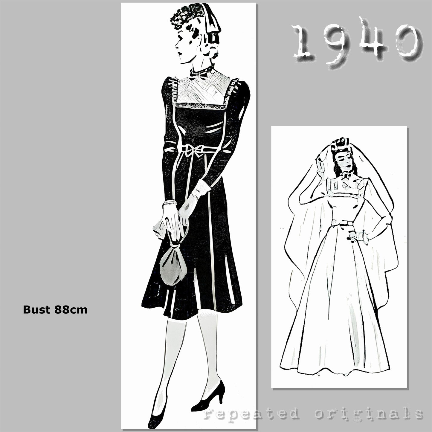 1940 Wedding or Afternoon Dress Sewing Pattern - INSTANT DOWNLOAD PDF