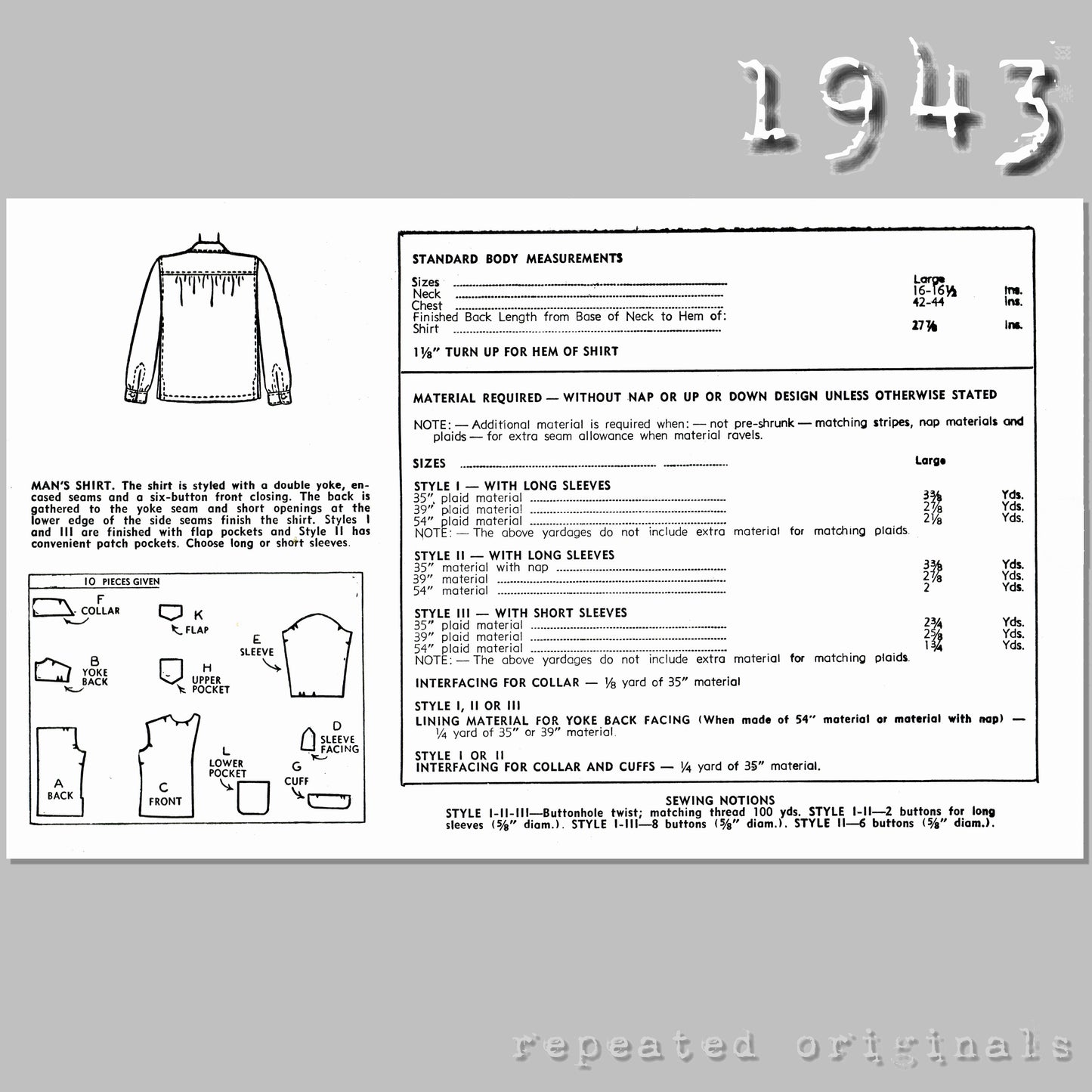 1943 Man's Shirt (Large Size) Sewing Pattern - INSTANT DOWNLOAD PDF