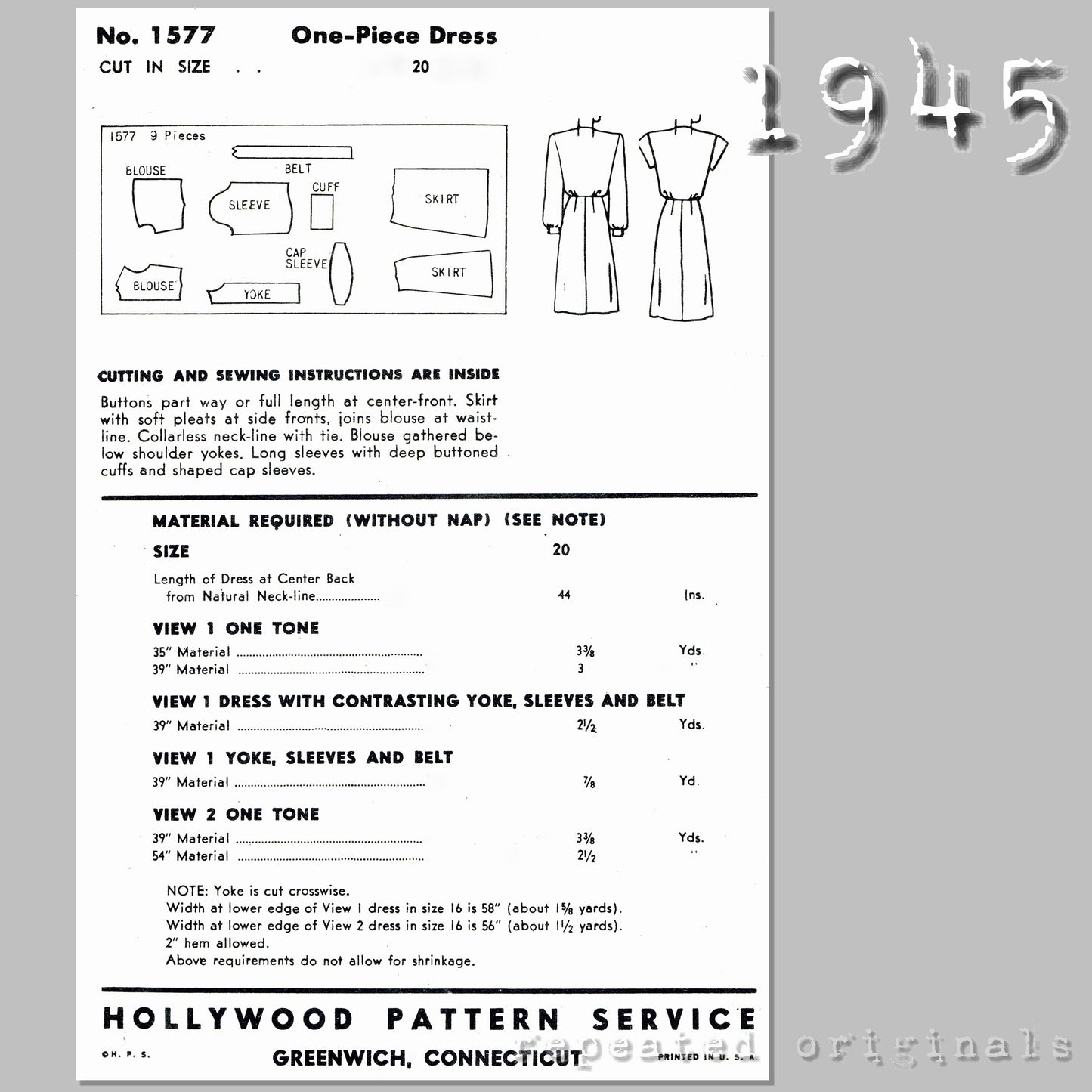 1945 One Piece Dress (Short or Long Sleeve) Sewing Pattern - INSTANT DOWNLOAD PDF