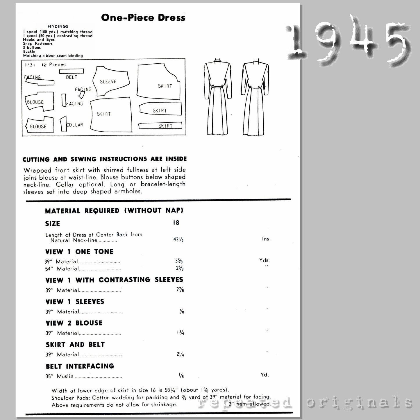 1945 One Piece Dress Sewing Pattern - INSTANT DOWNLOAD PDF