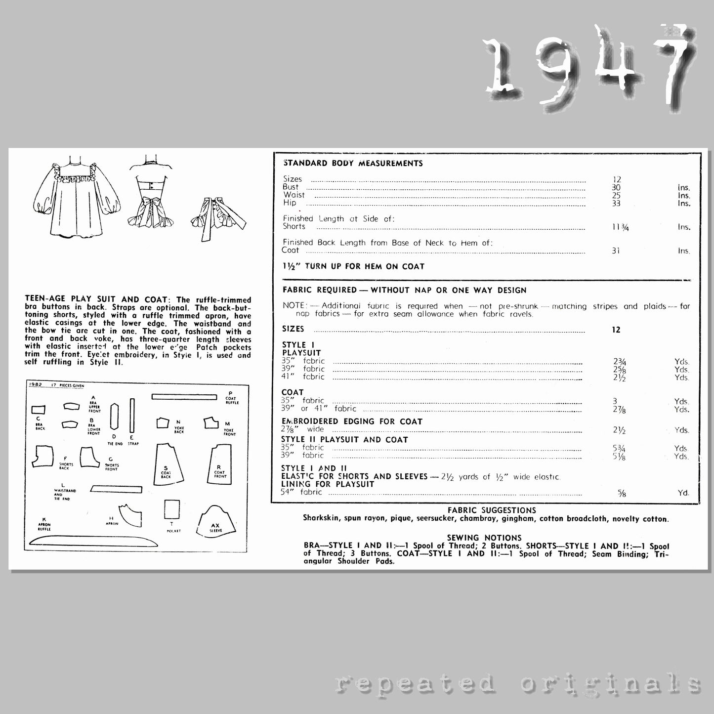 1947 Playsuit and Coat Sewing Pattern - INSTANT DOWNLOAD PDF