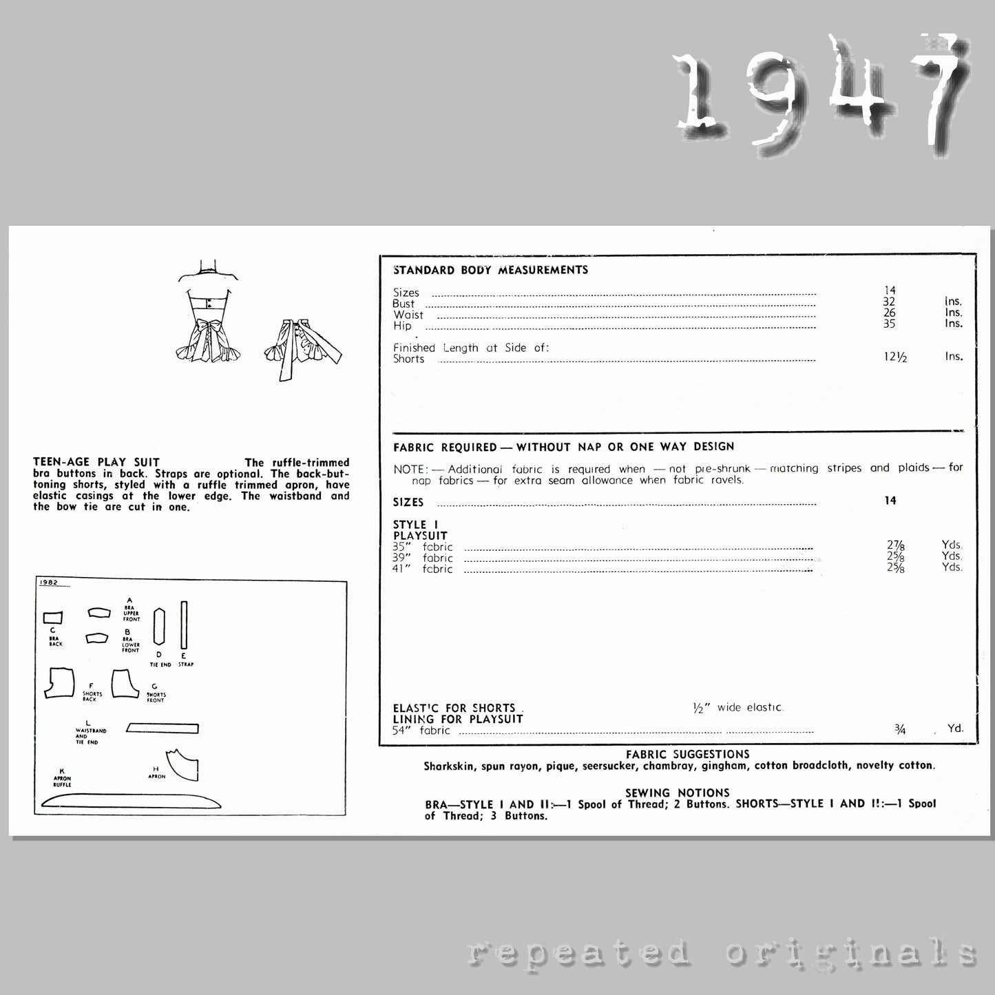 1947 Playsuit Sewing Pattern - INSTANT DOWNLOAD PDF