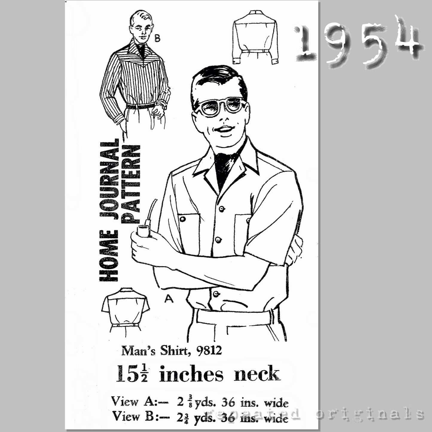 1954 Man's Shirt (Neck 15.5" / 39cm) Sewing Pattern - INSTANT DOWNLOAD PDF