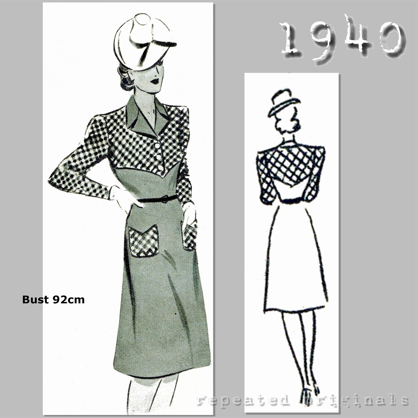 1940 Colour Blocked Dress Sewing Pattern - INSTANT DOWNLOAD PDF
