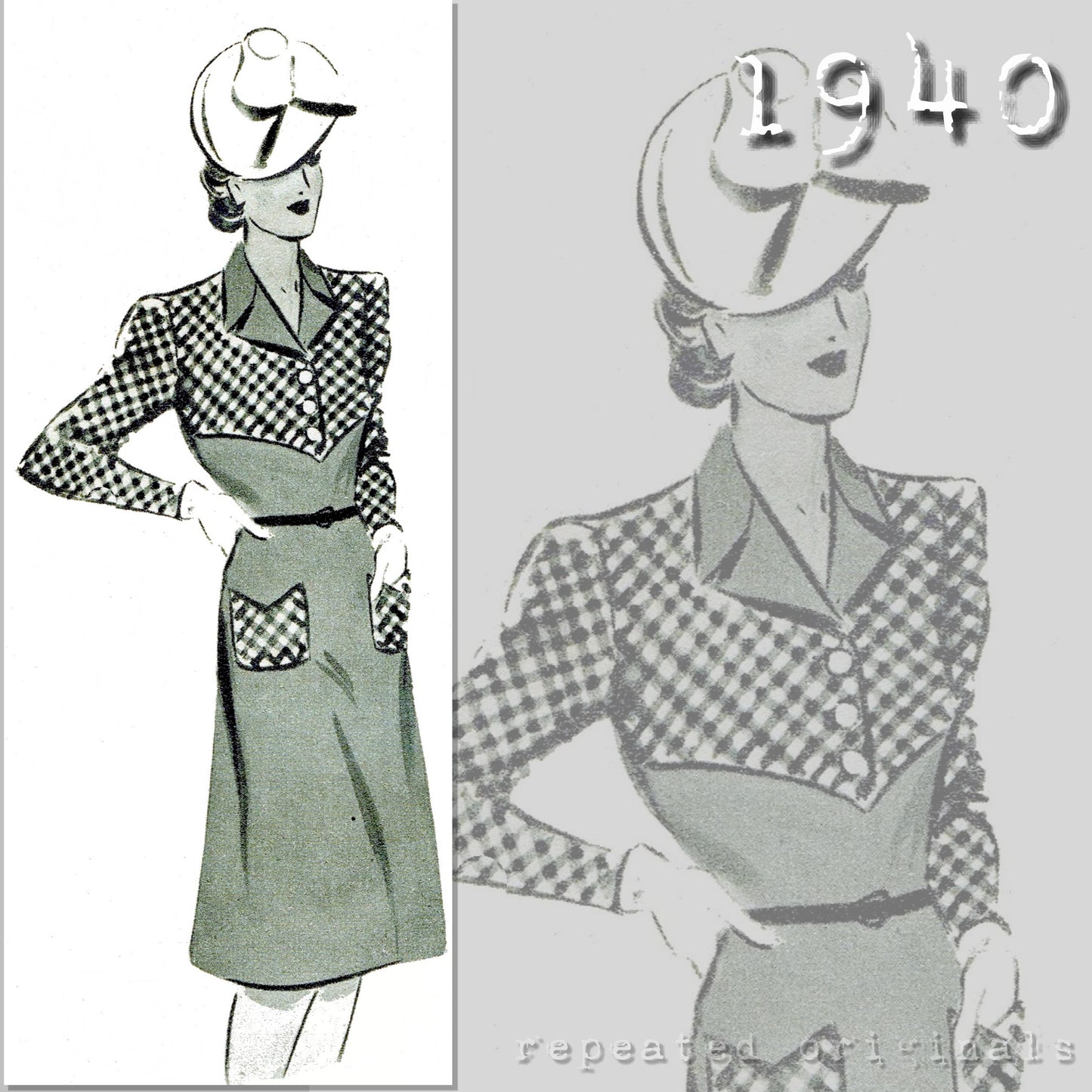1940 Colour Blocked Dress Sewing Pattern - INSTANT DOWNLOAD PDF