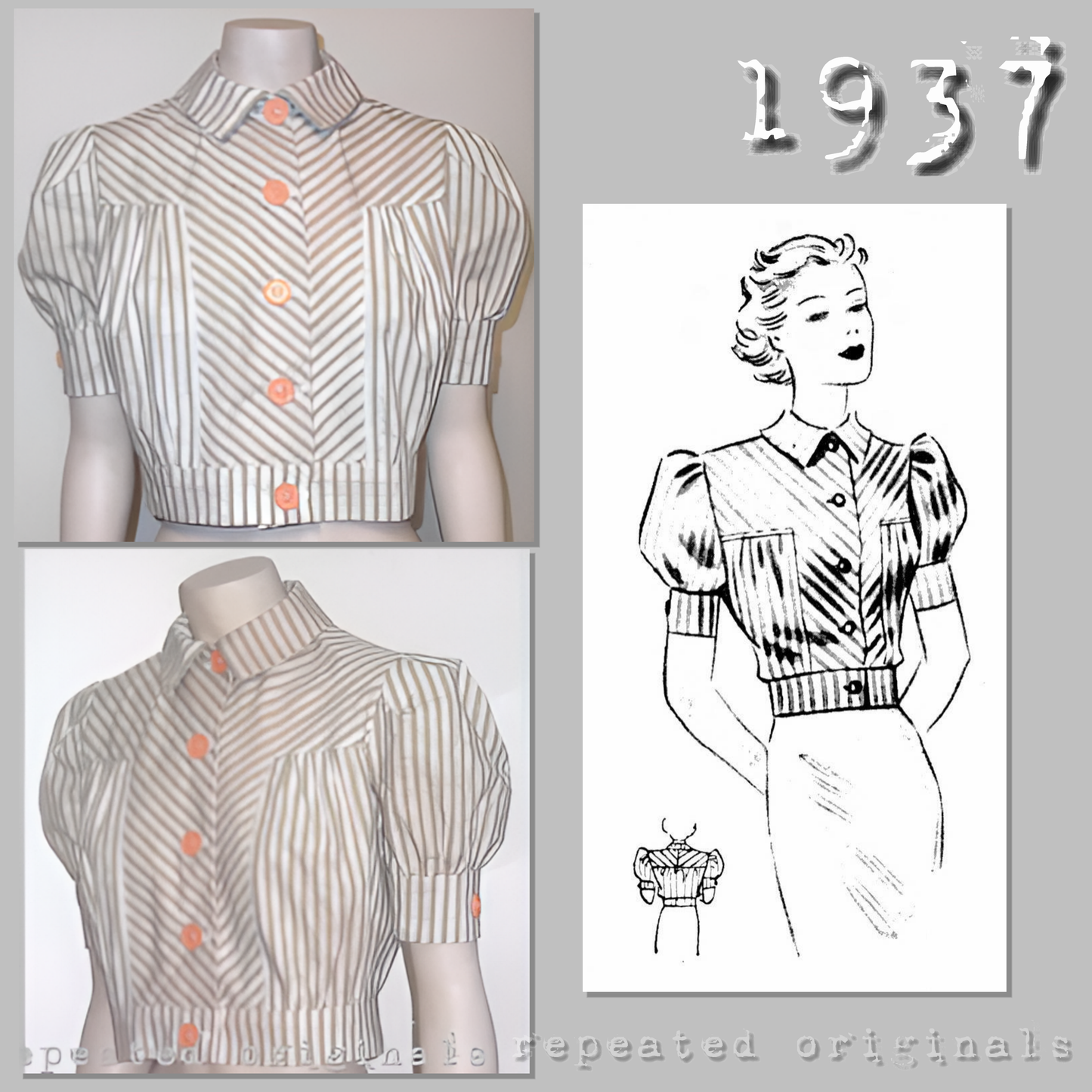 1937 Striped Summer Blouse Sewing Pattern (88cm Bust) - INSTANT DOWNLOAD PDF