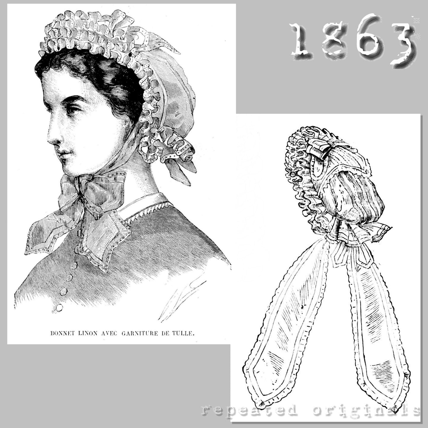 1863 Linen Cap with Tulle Trim Sewing Pattern - INSTANT DOWNLOAD PDF