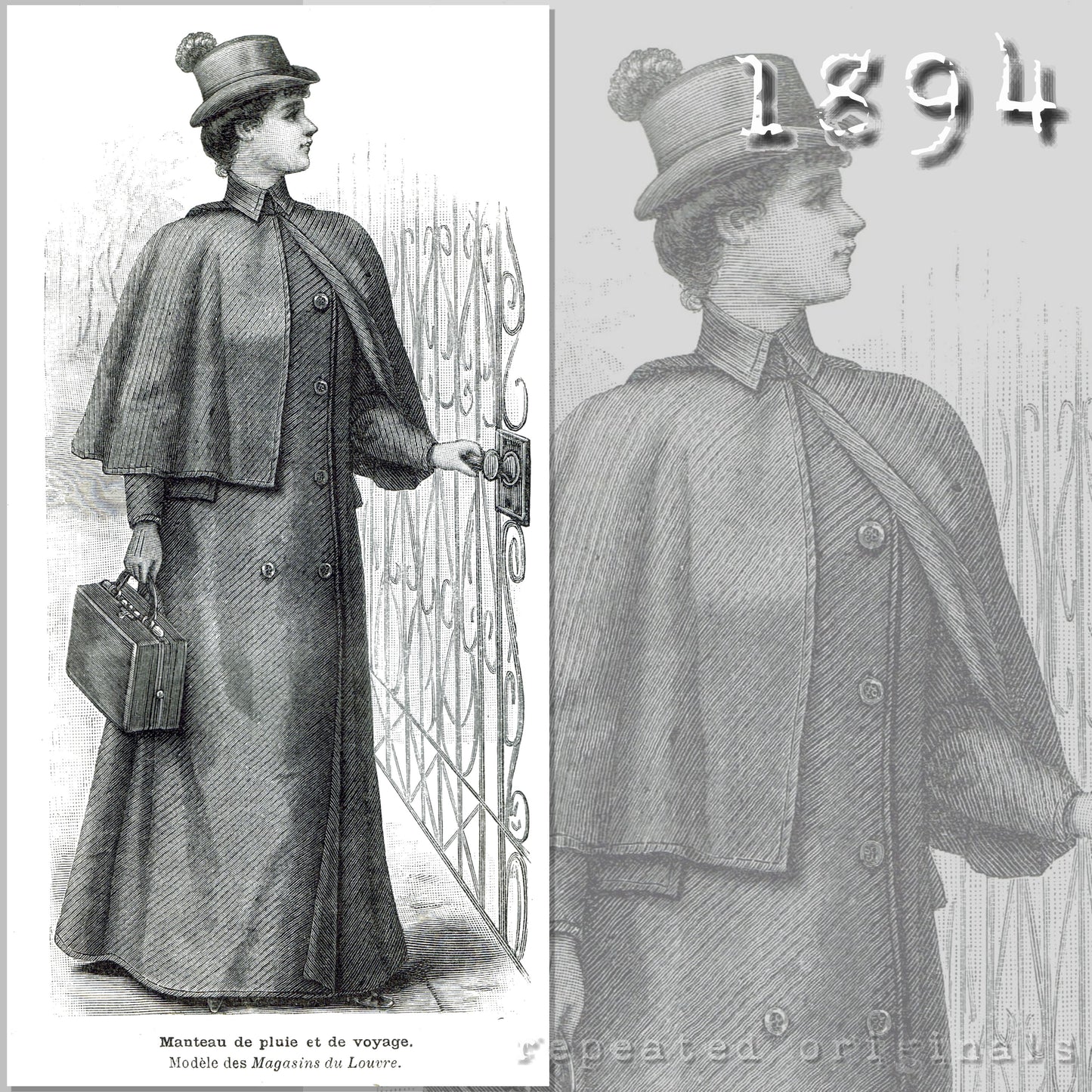 1894 Overcoat/Raincoat, separate Cape/Tippet Hood Sewing Pattern - INSTANT DOWNLOAD PDF