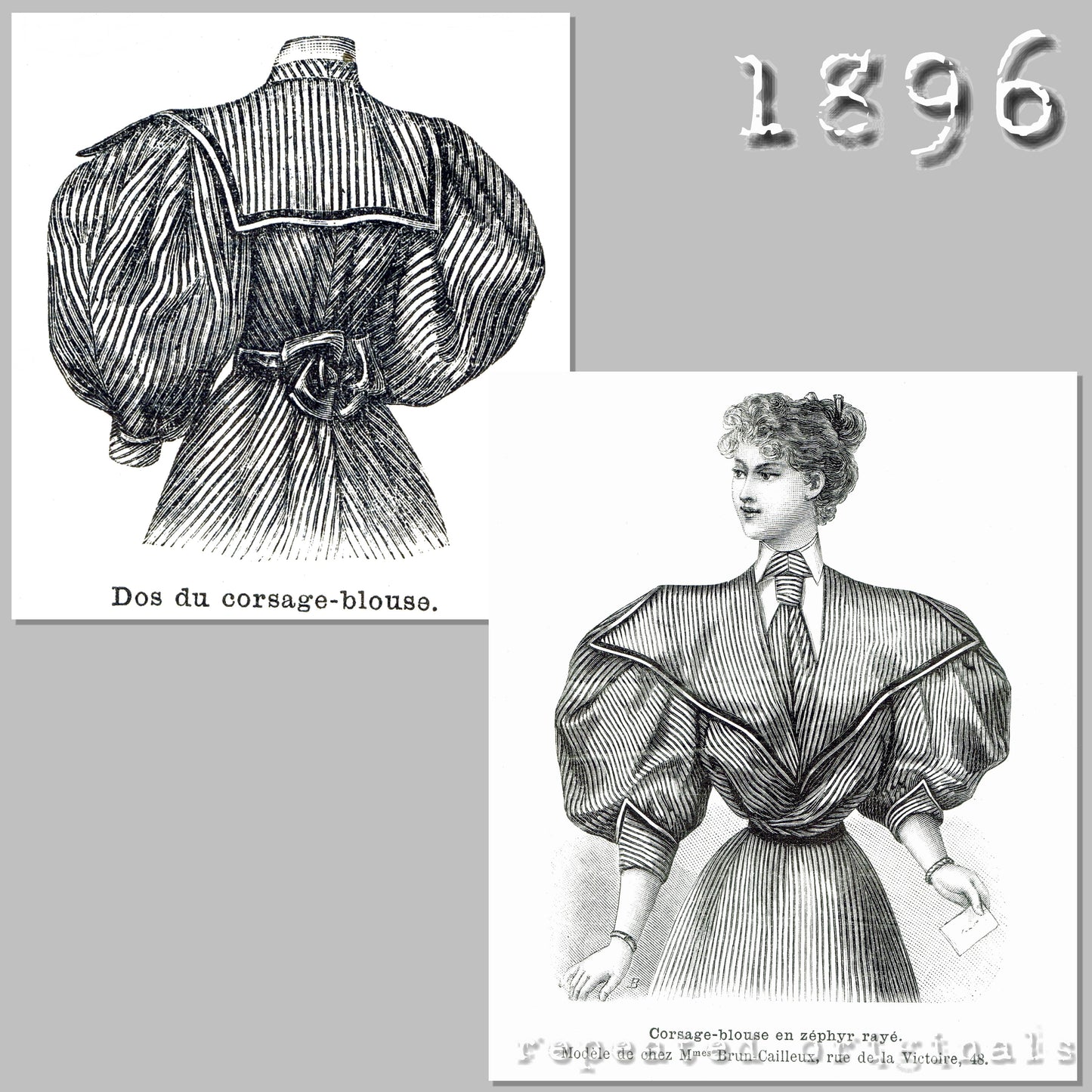 1896 Striped Blouse Dress with Collared Bib Sewing Pattern - INSTANT DOWNLOAD PDF