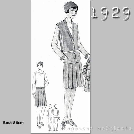 1929 Dress and Vest Sewing Pattern for Girl 14-16 Years - INSTANT DOWNLOAD PDF