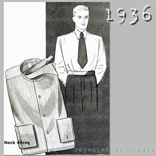 1936 Men's Button Front Shirt with Detachable Collar Sewing Pattern - INSTANT DOWNLOAD PDF