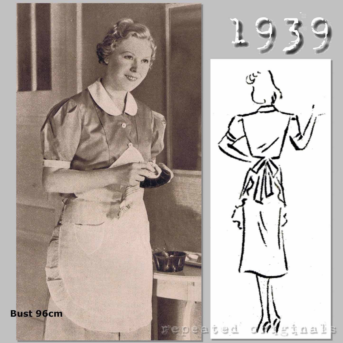 1939 Serving or House Dress with Apron Sewing Pattern - INSTANT DOWNLOAD PDF