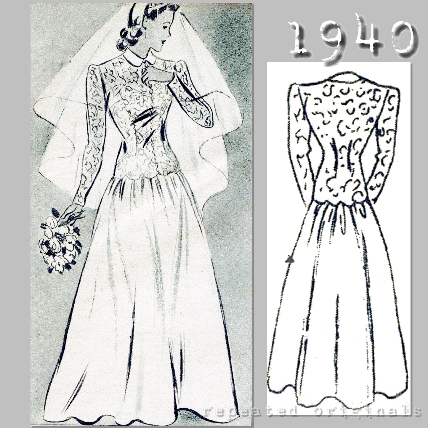 1940 Wedding or Afternoon Dress Sewing Pattern - INSTANT DOWNLOAD PDF